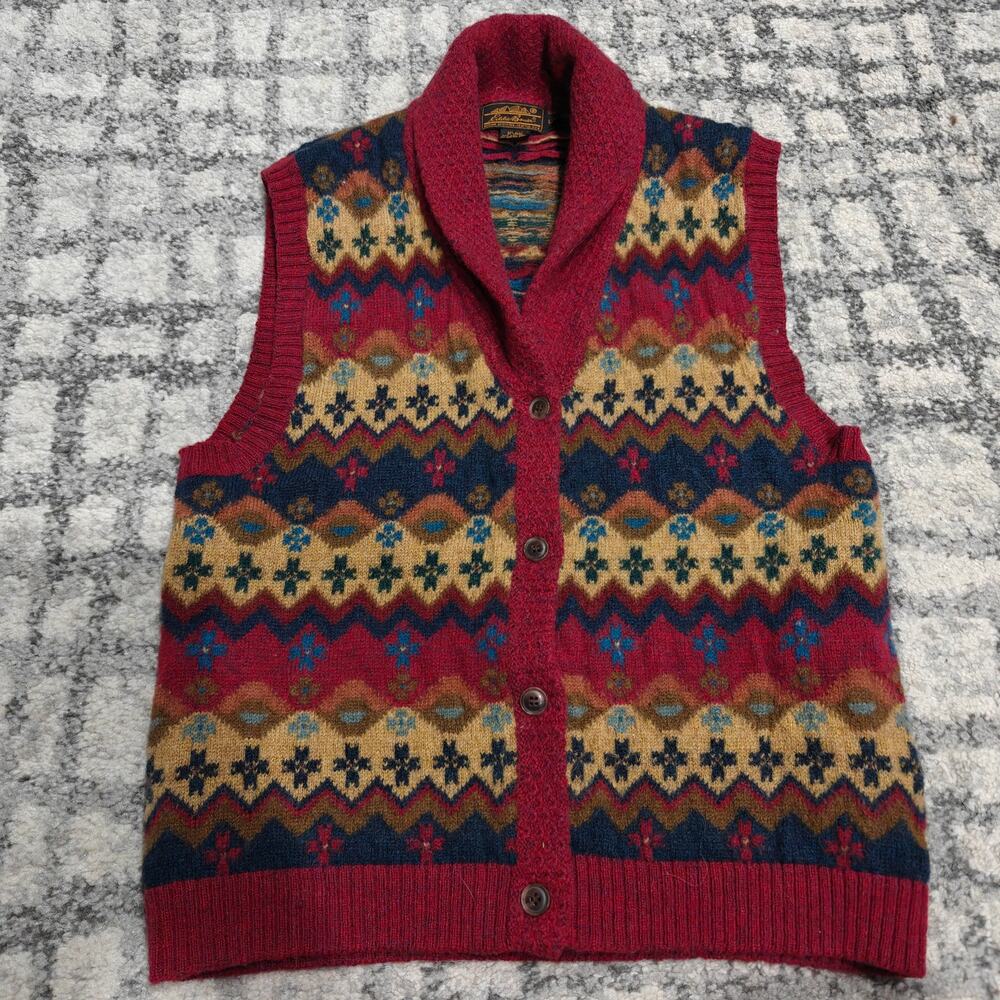 Vintage Eddie Bauer 100% Wool Fair Isle Button Sweater Vest Shawl Women's L